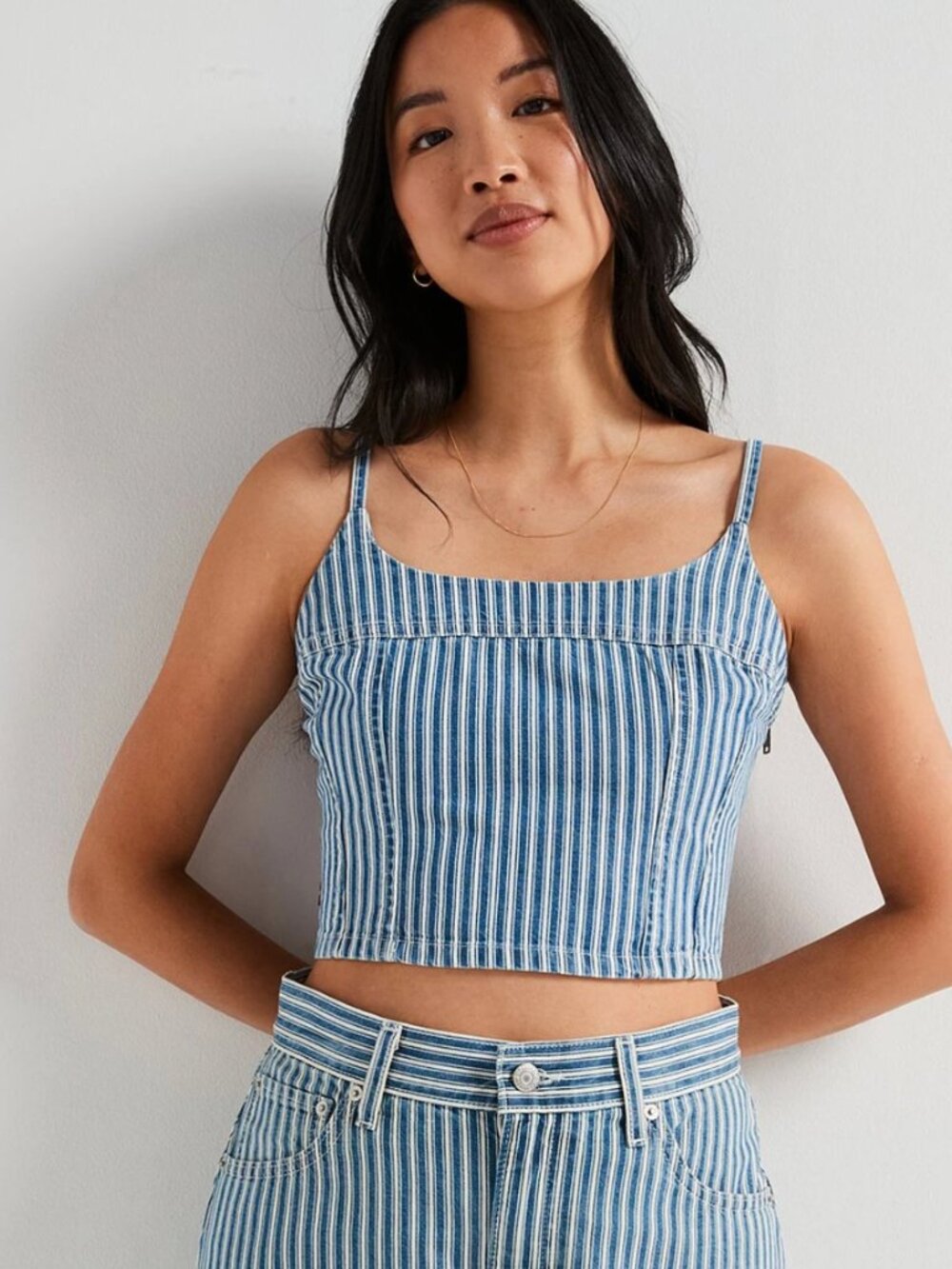 Levi's Jadine Denim Cami - Mischa Stripe Cropped Smocked Top S